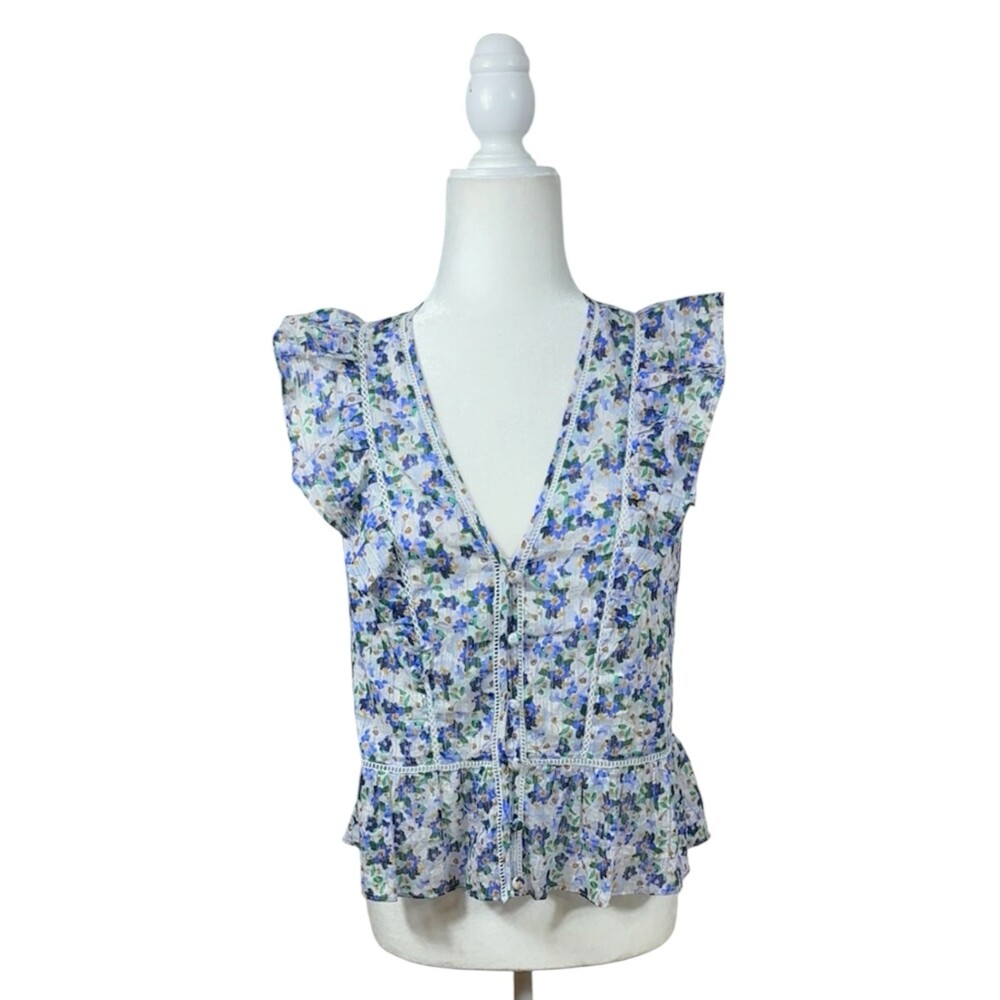 Veronica Beard Size 4 Araya Floral Cotton Ruffle Sleeve Peplum Top